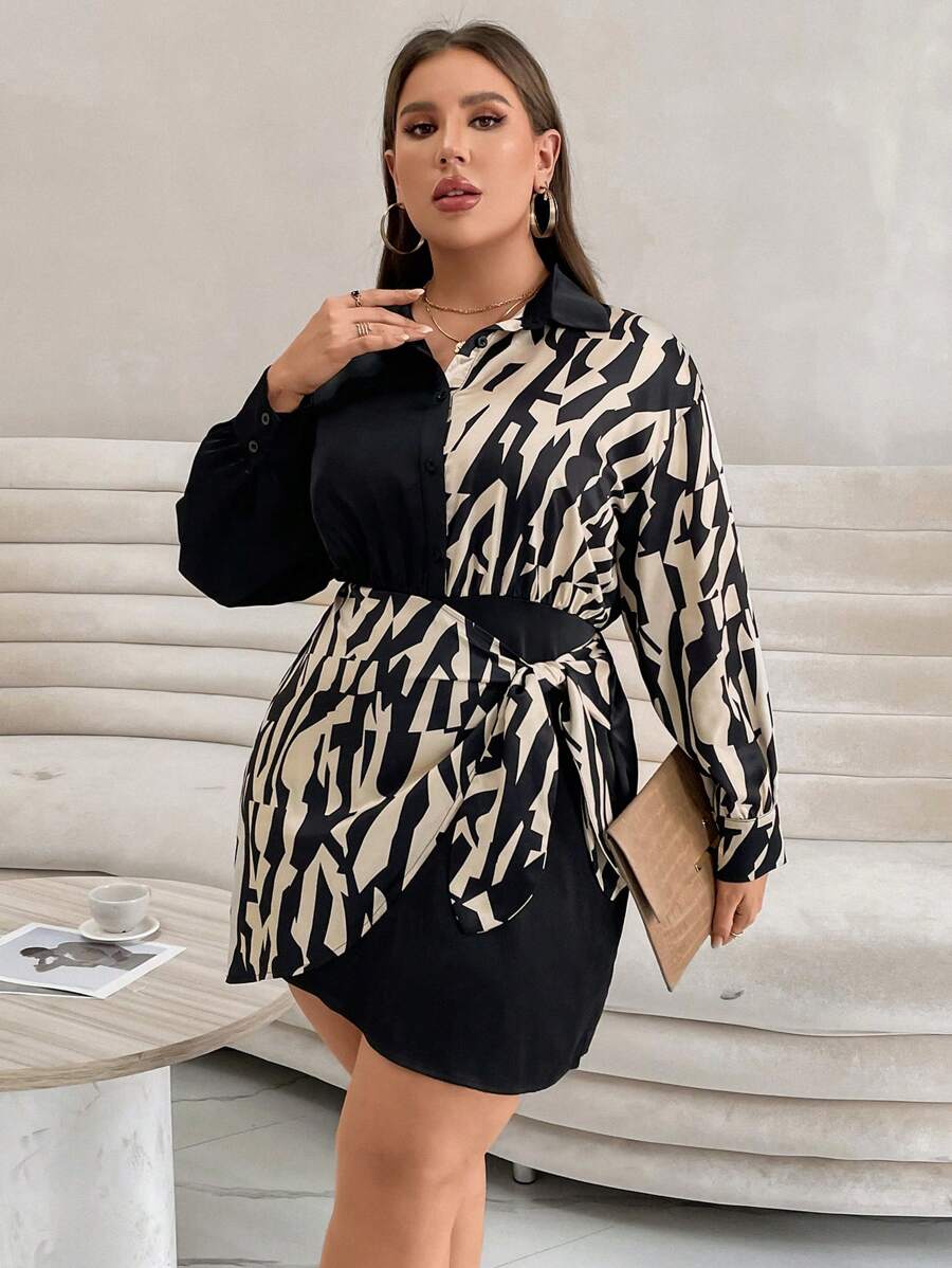 SHEIN Privé Plus Graphic Print Knot Side Wrap Hem Shirt Dress - Multicolor - View 1