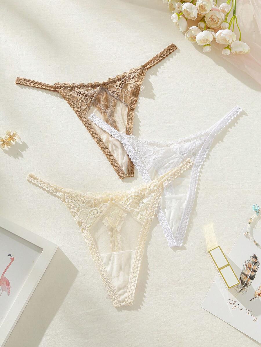 SHEIN 3packs Lace Trim Thong Sexy Lingerie - Multicolor - View 1