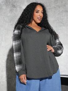 SHEIN CURVE+ Plus Size Plaid Print Drop Shoulder Sweatshirt - Grey - View 3