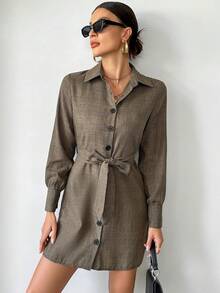 SHEIN Essnce 格紋印花束帶襯衫洋裝