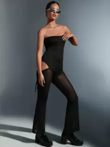 SHEIN Unity Cut Out Knot Side Mesh Tube Jumpsuit - Black - View 6