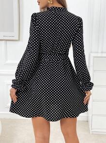 SHEIN Privé Polka Dot Print Flare Sleeve Belted Dress - Black and White - View 2