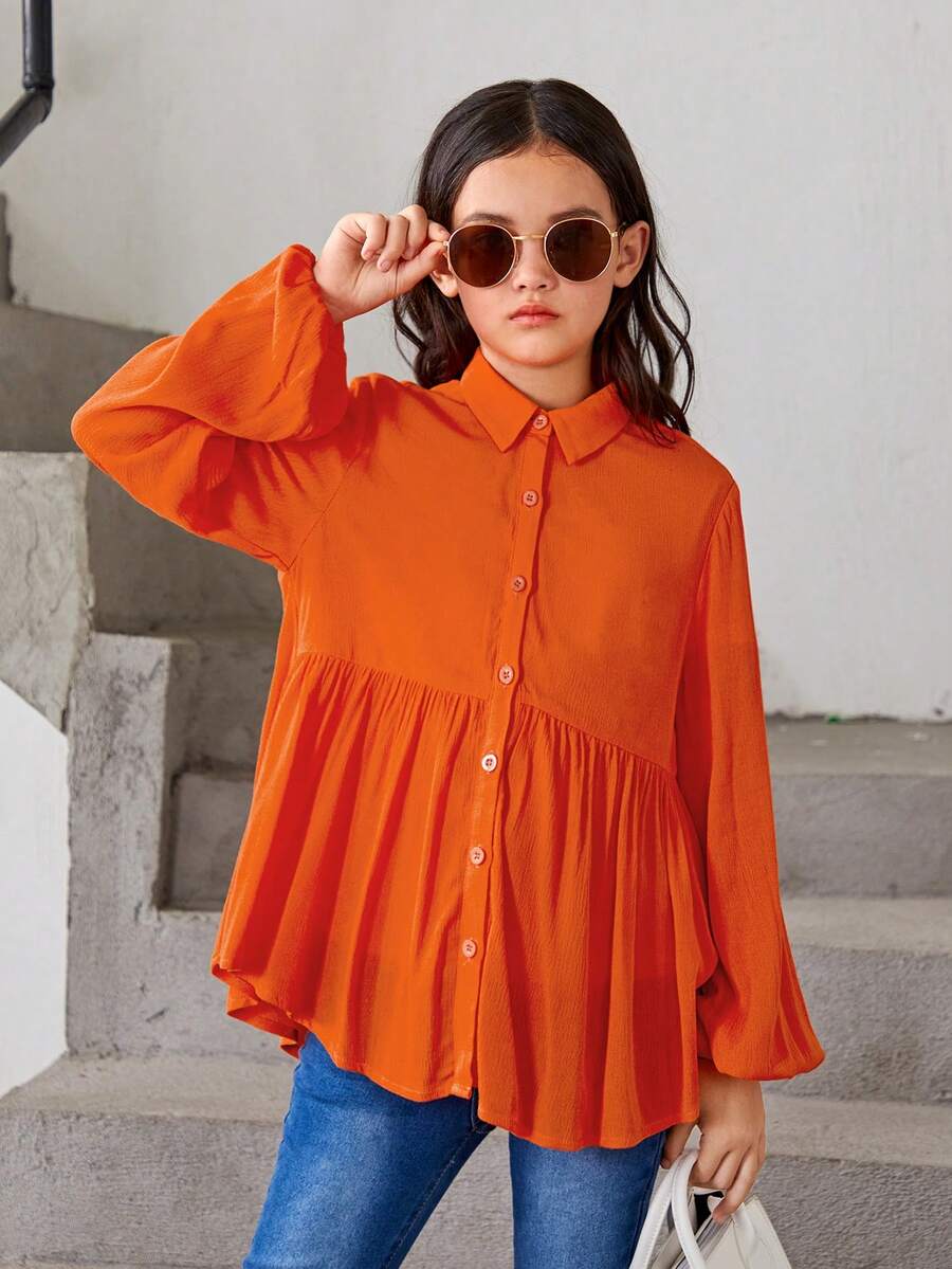 SHEIN Cô gái Tween Tay áo lồng đèn Xù Hoa Sen Áo Blouse Smock - Màu Cam cháy - Xem 1