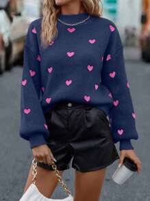 SHEIN LUNE Heart Pattern Mock Neck Drop Shoulder Knit Pullover Fall Winter Sweater - Royal Blue - View 5