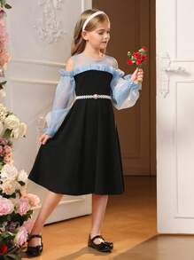 SHEIN 女大童挖肩荷葉邊荷葉袖洋裝不附腰帶 - 黑色 - 查看 5