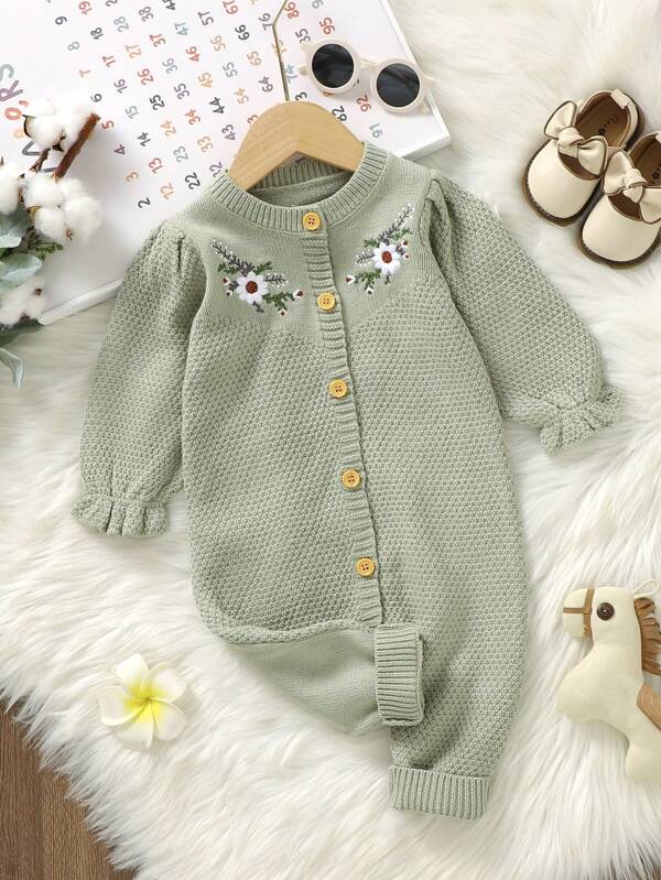SHEIN Vintaside Kids Baby Girl Floral Embroidered Knitted Romper Newborn Sweater Romper Lion Baby Clothes Winter Newborn Clothes Newborn Unisex Warm Clothes Neutral Baby Clothes