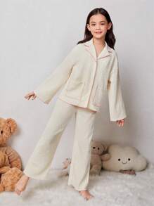 SHEIN Leap Crew 女大童1入組拼接滾邊落肩袖睡衣套裝 - 杏色 - 查看 3