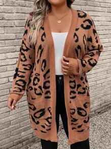 SHEIN LUNE Plus Leopard Pattern Drop Shoulder Duster Cardigan In Fall/Winter