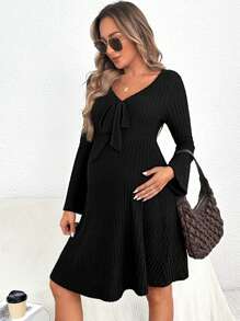 SHEIN Thai sản Nút phía trước Đan Xương sườn Đầm - màu đen - Xem 5