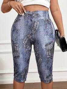 Calvaya 大碼牛仔效果印花高腰緊身打底褲 - 彩色 - 查看 3