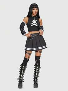 ROMWE Kawaii Skull Print Crop Top With Arm Sleeves - Black - View 1