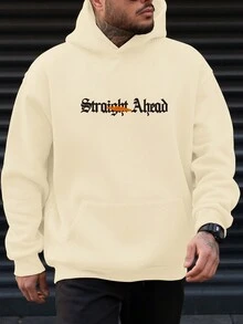 Manfinity EMRG Men Letter Graphic Kangaroo Pocket Drawstring Hoodie - Apricot - View 2
