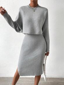 Chiquease Batwing Sleeve Sweater & Ribbed Knit Dress - Light Grey - View 5