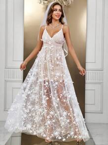 SHEIN Belle 花卉刺繡網紗覆蓋吊帶婚紗洋裝 - 白色 - 查看 5