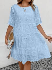 SHEIN LUNE Hơn Lỗ gắn thêu Xù Hoa Sen Đầm Không có thắt lưng - Màu xanh nhạt - Xem 7