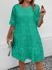 SHEIN LUNE 大碼網眼刺繡荷葉邊娃娃裙 - 綠色 - 查看 1