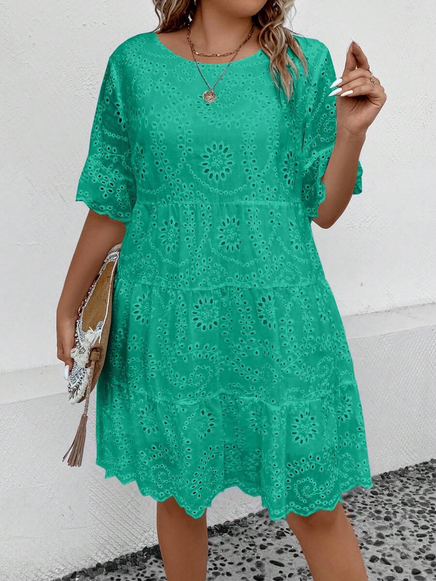 SHEIN LUNE 大碼網眼刺繡荷葉邊娃娃裙 - 綠色 - 查看 1