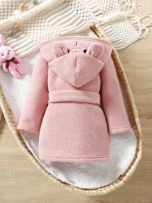 Baby Girl 3D Ear Design Hooded Belted Fuzzy Robe - Coral Pink - View 2