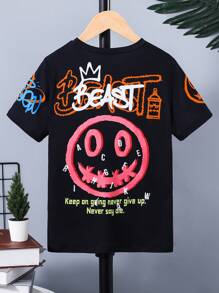 SHEIN 男孩標語圖案T恤 - 黑色 - 查看 2