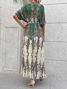 SHEIN LUNE 佩斯利印花蝙蝠袖繫腰帶洋裝