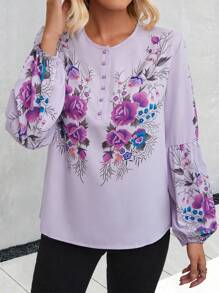 EMERY ROSE Floral Print Lantern Sleeve Blouse - Mauve Purple - View 3