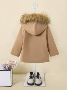 SHEIN Young Girl Fuzzy Trim Hooded Dual Pocket Overcoat - Apricot - View 2