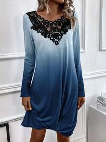 SHEIN LUNE 蕾絲拼接扭結下擺漸層洋裝 - 藍白色 - 查看 4