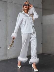 SHEIN Privé Trang trí Fuzzy Xa ten Áo sơ mi & Quần - trắng - Xem 1