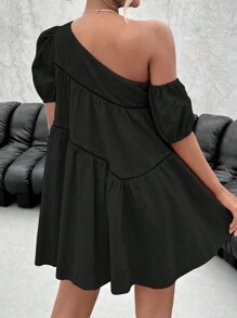 Firerie 素色不對稱領泡泡袖娃娃裙 - 黑色 - 查看 2