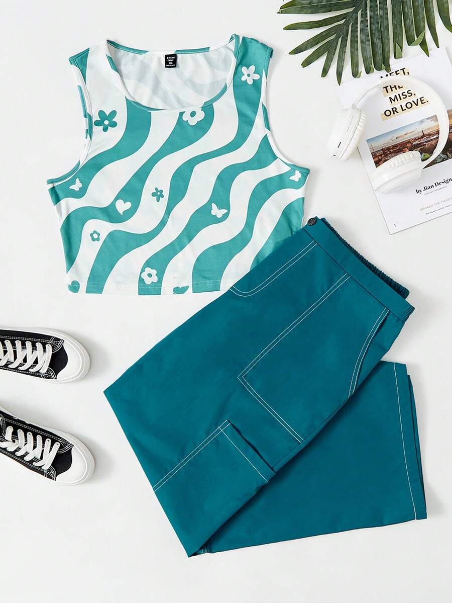 SHEIN EZwear 大碼心和印花背心上衣&闊腿褲 - 彩色 - 查看 1