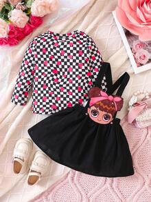 Baby Girl Checker & Heart Print Tee & Overall Dress - Multicolor - View 3