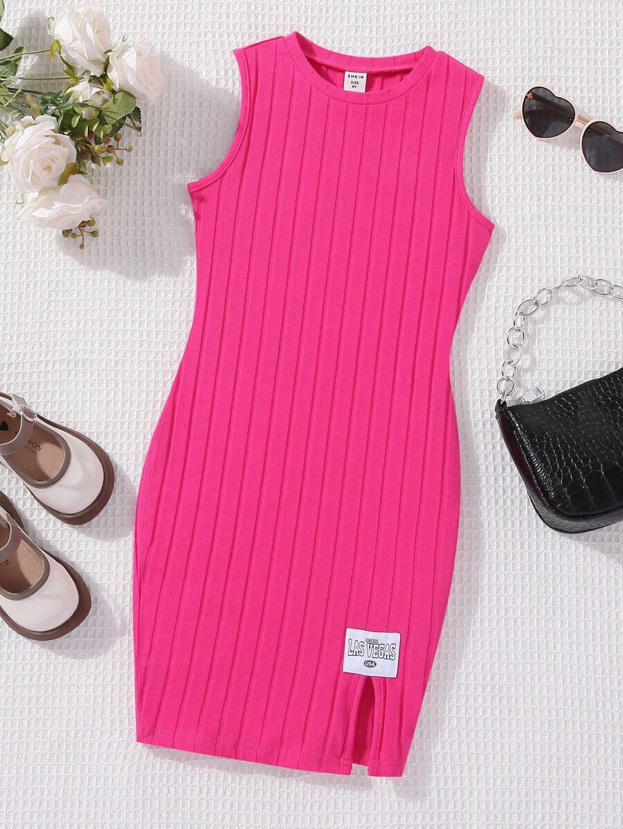 SHEIN Chica preadolescente Vestido con diseño de parche de letra bajo con abertura - Rosa Fucsia - Ver 1