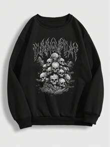 ROMWE Grunge Punk 骷髏與字母印花保暖襯裡運動衫 - 黑色 - 查看 1