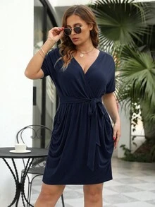 Nemidor Vestidos Tallas Grandes Fruncido Envolvente Lazo delantero Liso Casual - azul real - Ver 4