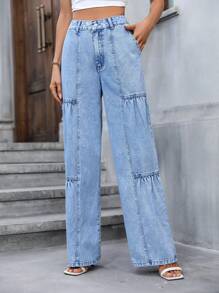 SHEIN Essnce 闊腿牛仔褲 - 淺色水洗藍 - 查看 5