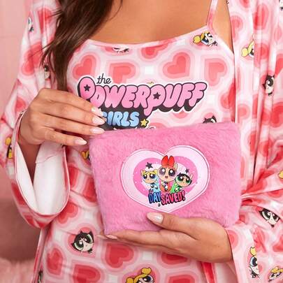 THE POWERPUFF GIRLS X SHEIN Túi đựng đồ trang điểm bằng vải nhung màu hồng có họa tiết trái tim, họa tiết hoạt hình thêu hình trái tim, Túi đựng đồ du lịch có khóa kéo, Túi đa năng, Quà tặng