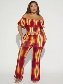 SHEIN SXY 大碼紮染一字肩荷葉邊上衣&喇叭褲 - 彩色 - 查看 1