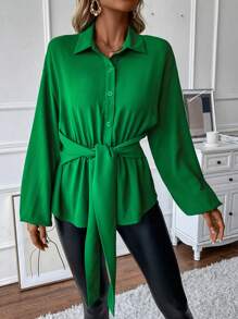 Chiquease Solid Knot Front Button Front Shirt - Green - View 3