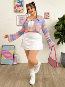 SHEIN EZwear Talla grande Cárdigan de space dye con cordón delantero tejido de cable - Multicolor - Ver 3