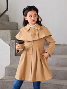 SHEIN Tween Girl 1pc Overlay Fold Pleated Detail Overcoat - Camel - View 8