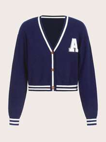 SHEIN Qutie Letter Patched Striped Trim Drop Shoulder Cardigan - Navy Blue - View 1