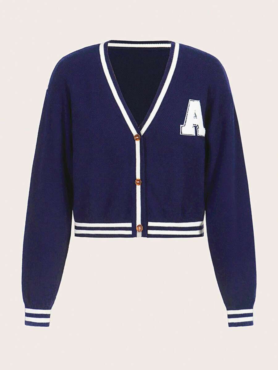 SHEIN Qutie Letter Patched Striped Trim Drop Shoulder Cardigan - Navy Blue - View 1