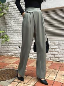DAZY Pantalones rectos con fruncido - Verde militar - Ver 8