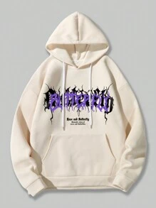 ROMWE MEN Grunge Punk Men Butterfly & Slogan Graphic Drawstring Thermal Lined Hoodie - Beige - View 2