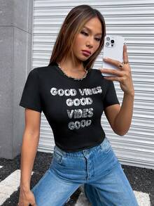 SHEIN Unity Sequin Letter Pattern Tee - Black - View 4