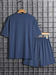 Manfinity Homme Loose Fit Men's Letter Graphics Drop Shoulder T-Shirt And Drawstring Waist Shorts Set - Dusty Blue - View 2