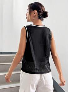 SHEIN EZwear Top tank con estampado de letra ribete de rayas - Negro - Ver 2