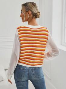 SHEIN LUNE 條紋圖案前紐扣套頭毛衣 - 彩色 - 查看 3