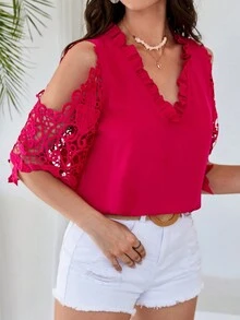 SHEIN VCAY Cold Shoulder Guipure Lace Sleeve Frill Trim Blouse - Hot Pink - View 5
