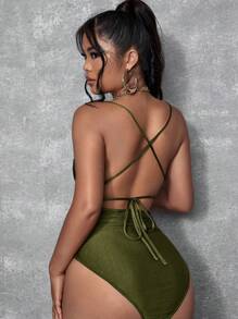 SHEIN SXY Ruched Lace Up Backless Cami Bodysuit - Olive Green - View 2
